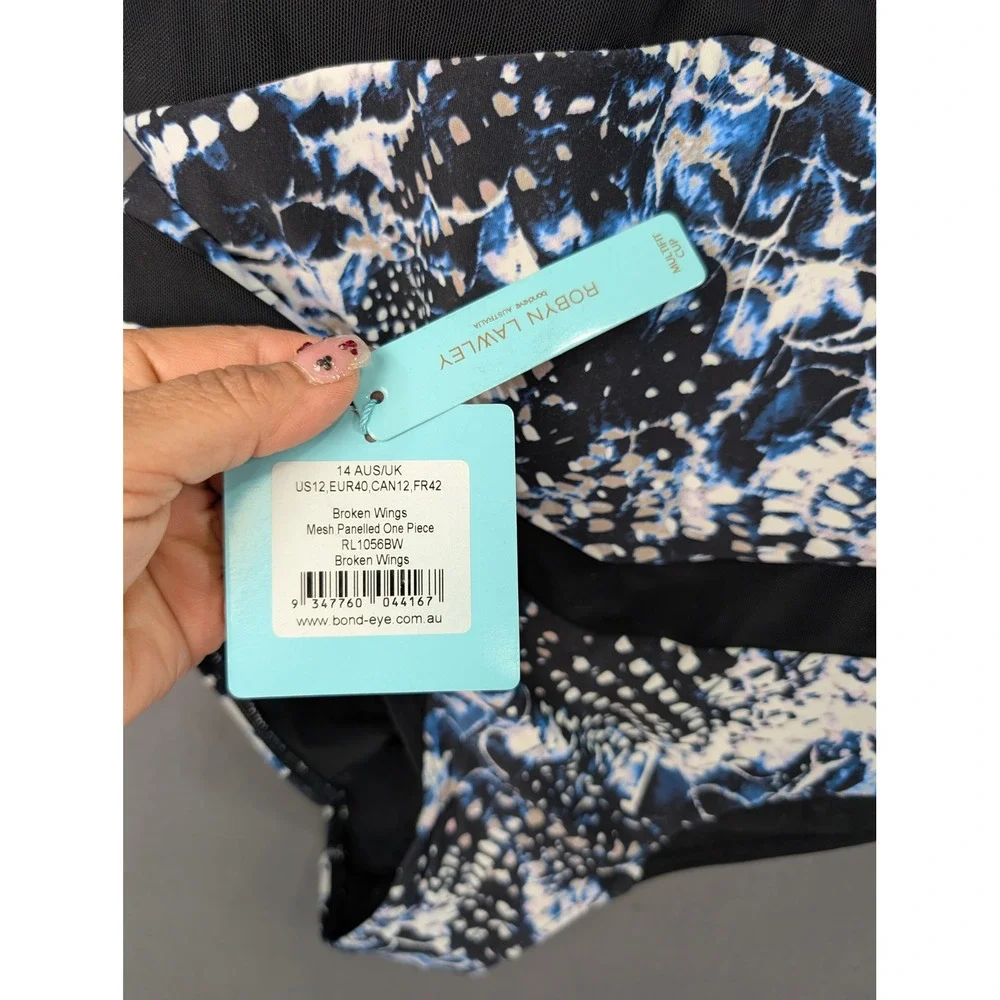 Robyn Lawley Broken Wings Mesh Panelled One Piece Swimsuit US12 Blue RL1056BW